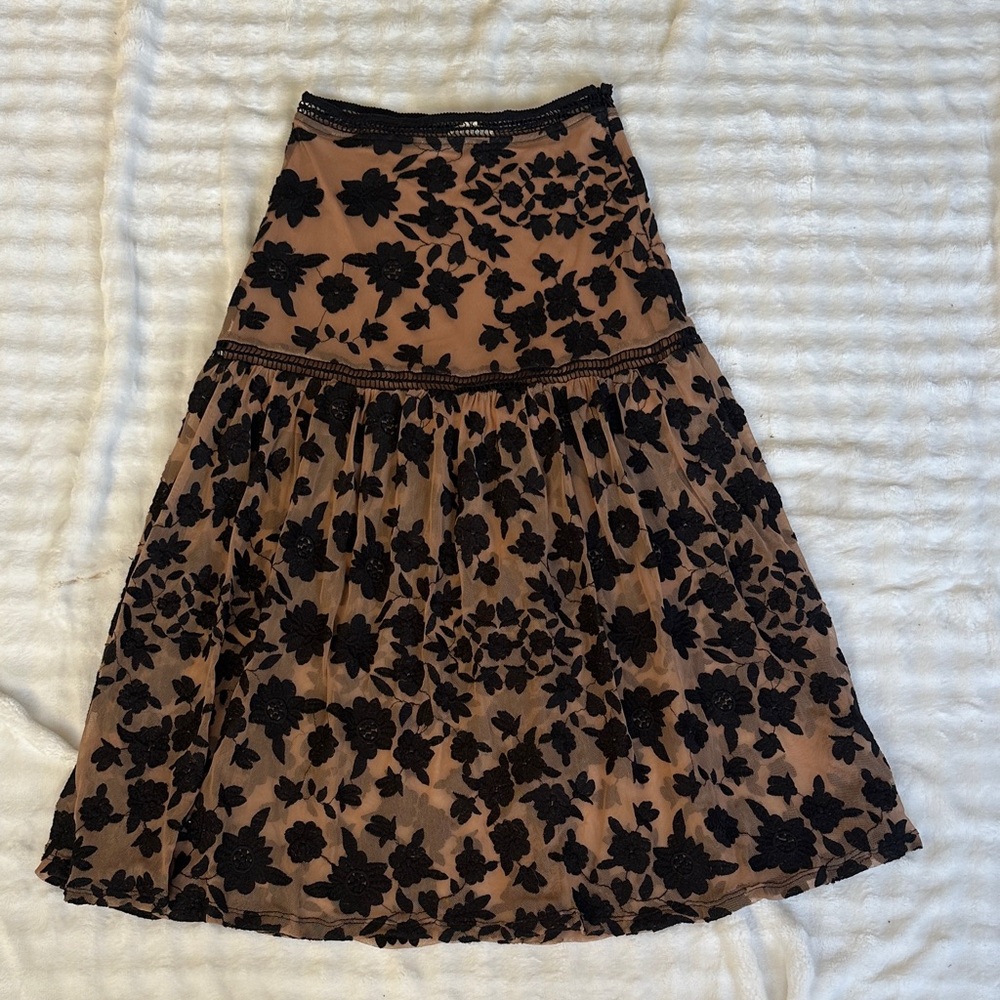 For Love And Lemons Black and Tan Floral A-Line Skirt